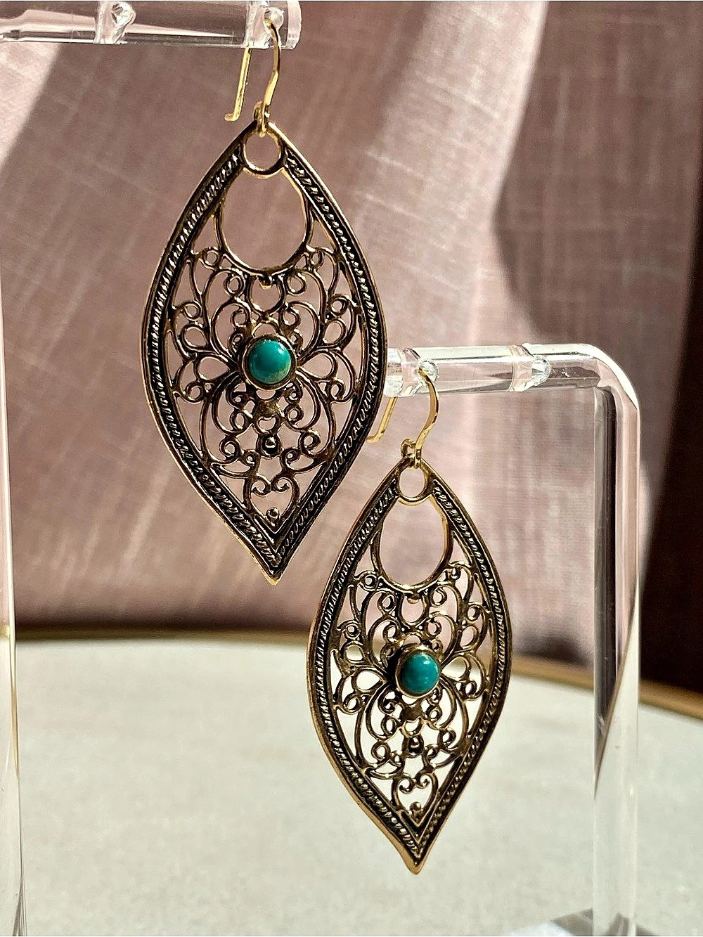 Barse Filigree Drop Earrings in Bronze with Turquoise Like New